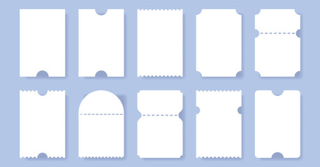 Set of blank ticket template, coupon mockup, empty ticket, sale, boarding, lottery, movie, concert