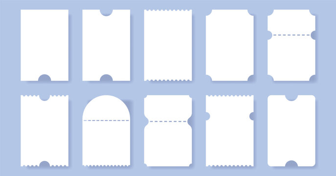 Set of blank ticket template, coupon mockup, empty ticket, sale, boarding, lottery, movie, concert