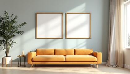 Modern living room with orange sofa, empty frames, sunlight. Use Interior design mockup