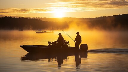 Two fishermen in a boat at sunrise, surrounded by mist on a tranquil lake.