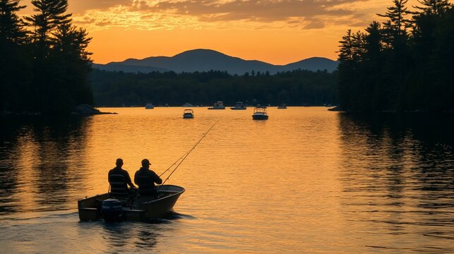 Two fishermen enjoy a serene sunset on a lake, surrounded by mountains and boats. - Powered by Adobe