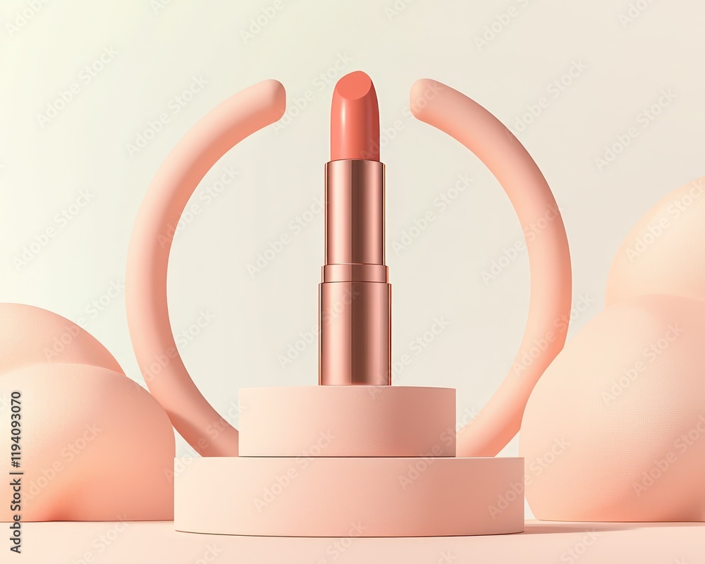 Aufkleber peach lipstick on a minimalist podium, surrounded by geometric forms and a subtle gradient backgroun
