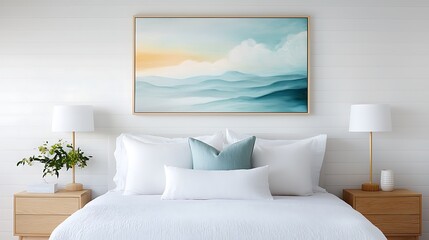 Serene bedroom design featuring coastal artwork modern home interior decor calm atmosphere