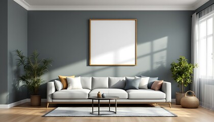 Modern living room interior design, sunlight, mockup poster
