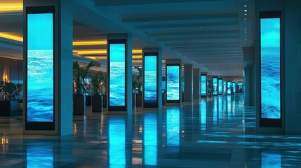 Modern Lobby with Vibrant Digital Screens Displaying Ocean Waves, Illuminated by Soft Lighting in a Stylish Interior Design Concept