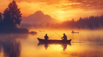 Two fishermen in a boat at sunset, surrounded by misty mountains and calm waters.