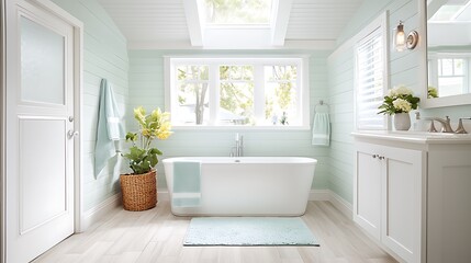 Fototapeta premium Modern stylish bathroom design cozy interior photography with bright tranquil atmosphere