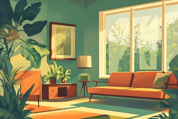 Serene Mid-Century Living Room with Sunlight