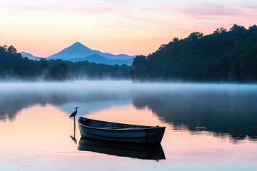 Serene Dawn Reflection with Boat and Heron on Calm Lake Surface