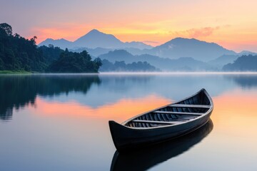 Serene Sunrise Over Misty Lake with a Wooden Boat in the Foreground
