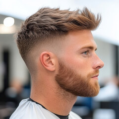 Obraz premium Stylish haircut transformation barbershop portrait photography urban environment side view modern grooming trends