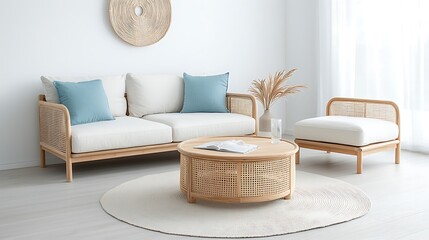 Cozy and stylish minimalist living room furniture arrangement in a bright interior design