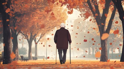 Elderly Man Walking through Autumn Trees with Falling Leaves