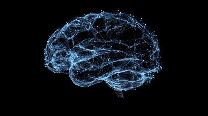 An abstract low-poly brain illustration representing artificial intelligence, symbolizing wisdom, with a wireframe design in shades of blue, composed of intricate lines 