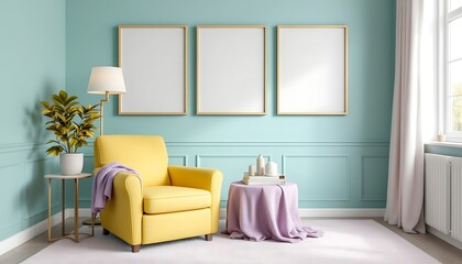 Yellow armchair, teal walls, blank frames,  relaxing living room interior