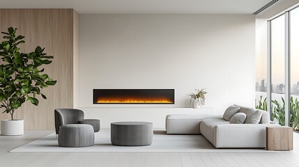 Cozy minimalist living room design with bright atmosphere and fireplace in urban apartment