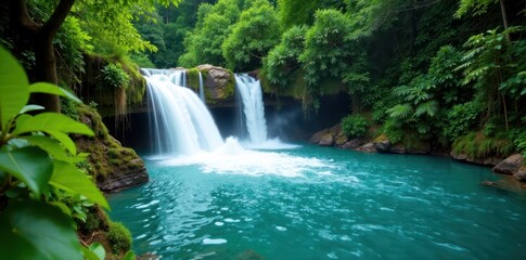 Naklejka premium Cascade of turquoise water over lush greenery, waterfall azure pool tropical scenery, natural beauty, foliage