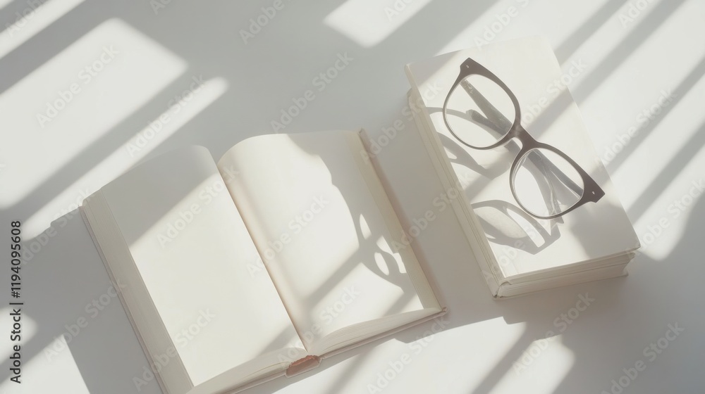 Poster a minimalistic flat lay of an open blank book and a closed book beside a pair of stylish glasses cas