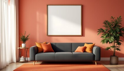 Modern living room with coral walls, gray sofa, and blank canvas