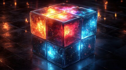 Glowing cube with cosmic nebulae inside, reflecting on dark surface.