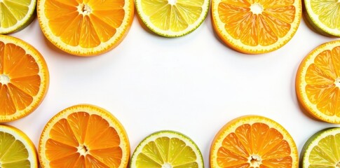 Obraz premium Bright citrus slices arranged in a geometric pattern on a white background , design, summer, citrus