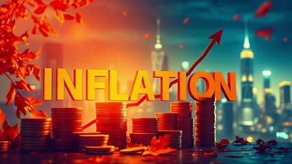 A visual representation of inflation with coins and an upward arrow against a city backdrop. - Powered by Adobe