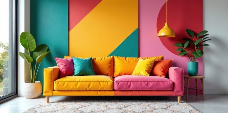 Brightly colored sofa in a modern living room with geometric patterns and abstract shapes, contemporary furniture, vibrant colors, living room decor
