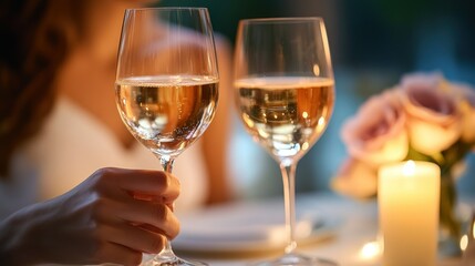 Romantic dinner with wine glasses and candlelight.