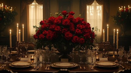 Luxurious red roses centerpiece on a formal dining table with candles and elegant tableware in a dimly lit room.