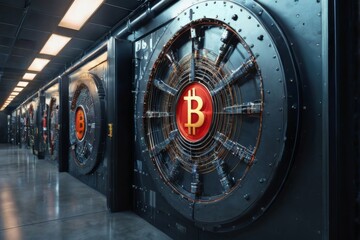 "Dark industrial data center vault doors with Bitcoin symbol, gold border, neat arrangement, bright lighting, concrete floor."