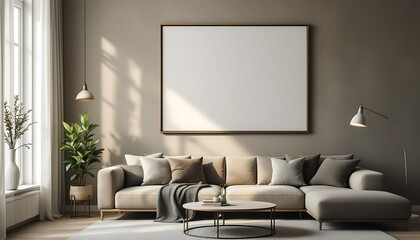 Modern living room interior design, sunlight, cozy sofa, empty canvas mockup, home decor