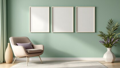 Fototapeta premium Modern living room interior, pastel wall, armchair, frames, plant