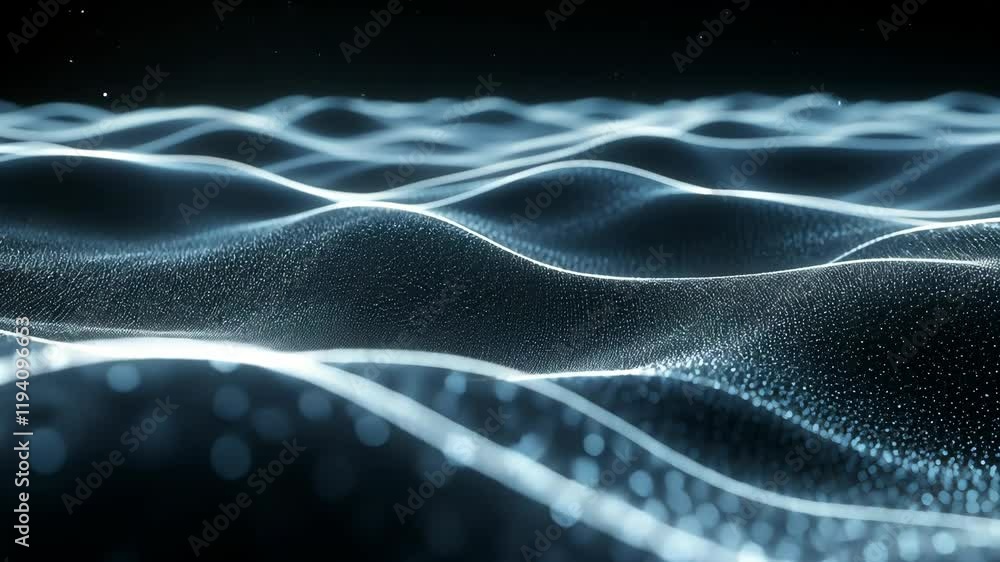 Poster dynamic waves of light create an ethereal effect in a digital landscape during nighttime
