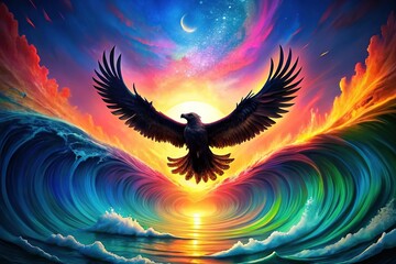 Obraz premium Majestic Eagle Silhouette in Vibrant Wave Halo - Nature & Science Stock Photo