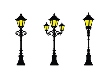 Obraz premium Silhouette of realistic and old style street lamps collection vector icon set isolated on white background. Black vintage street lamp post logo art work.
