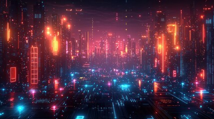 Fototapeta premium Futuristic cityscape with neon lights and digital elements.
