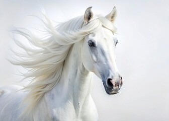 Majestic White Horse Portrait: Long Exposure Close-up on White Background