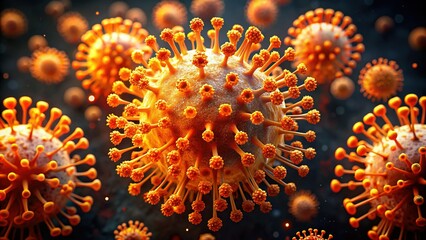 Fototapeta premium Microscopic View: Glowing Orange Virus Structure, Detailed Close-up
