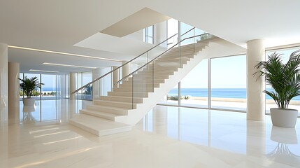 Obraz premium Modern coastal home minimalist staircase design for a bright atmosphere
