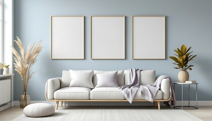Modern living room interior design, pastel blue wall, comfy sofa, blank frames. Home decor mockup