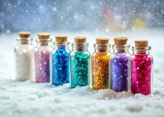 Miniature Glitter & Snow Bottles - Festive Winter Crafts Stock Photo