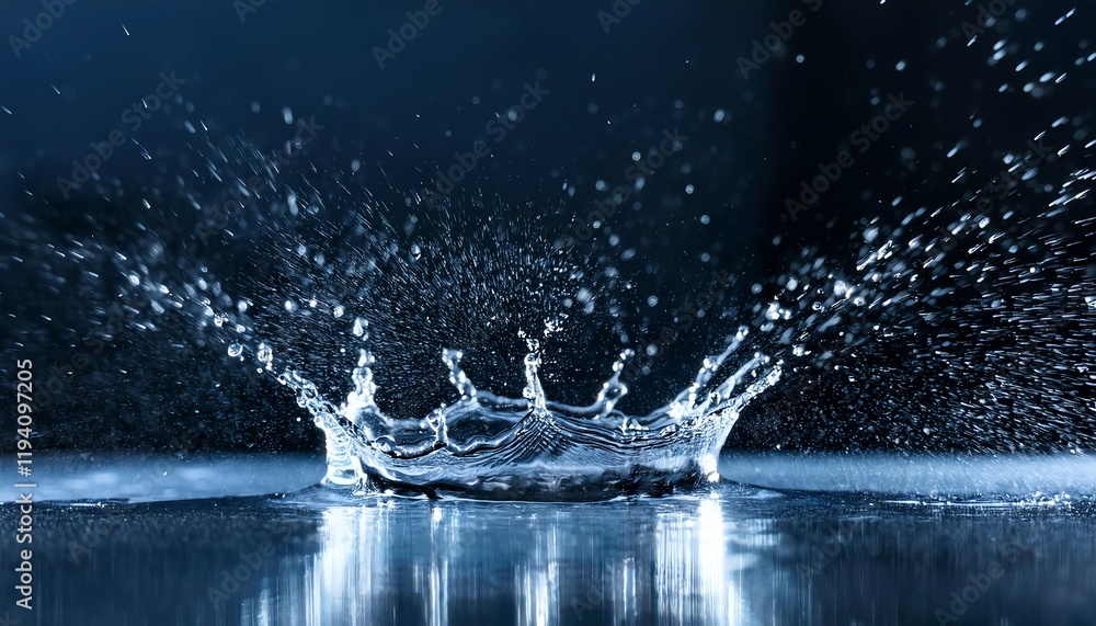 Poster a dynamic splash of water captured in a dark setting, showcasing intricate droplets and reflections 