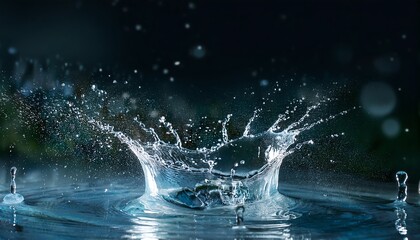 A captivating splash of water is captured against a dark background, revealing dynamic droplets and ripples.