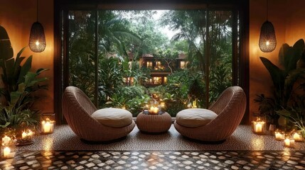 Tranquil lounge with wicker chairs, candles, and lush jungle view.