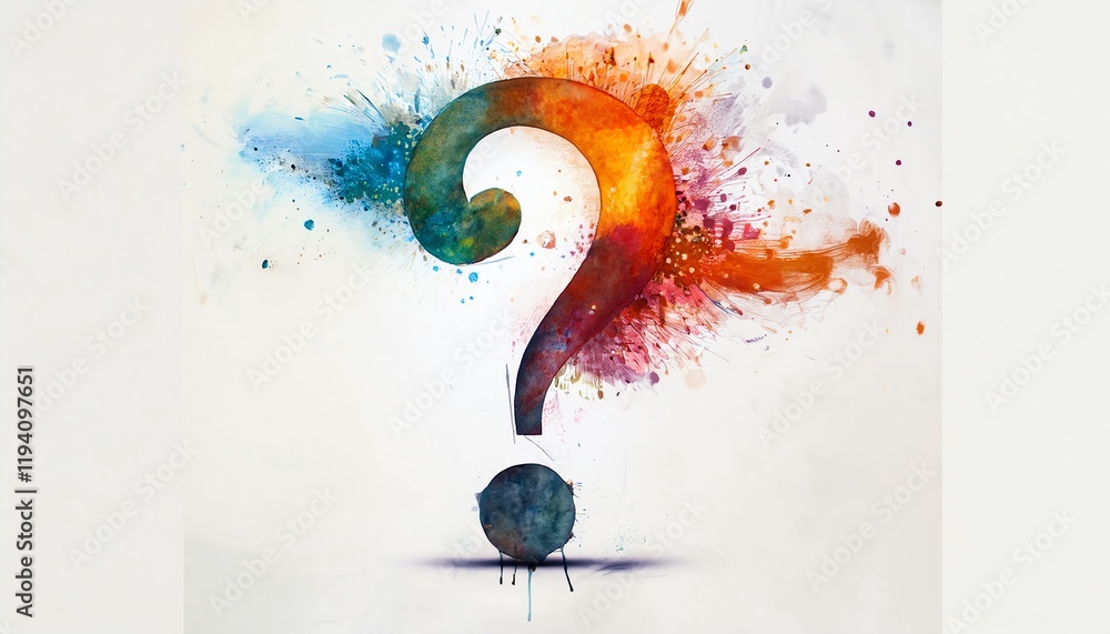 Poster a colorful artistic representation of a question mark, surrounded by splashes of paint, evoking curi
