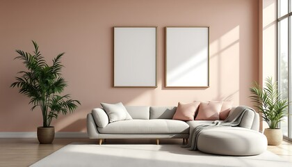 Modern living room interior design, sunlight, beige sofa, plants. Home d?cor inspiration