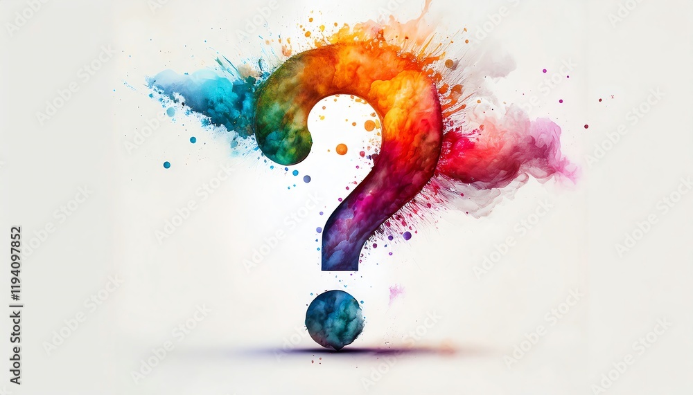 Poster a colorful question mark symbolizing curiosity and creativity, surrounded by vibrant splashes of pai