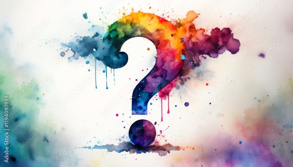 Poster a colorful question mark made of splashes and drips, symbolizing curiosity and creativity.