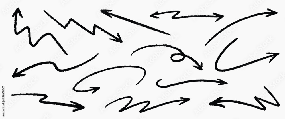 Poster set of simple lines hand drawn black arrows in various style. set of simple of hand drawn black arro