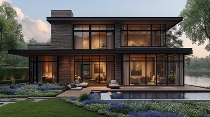 Fototapeta premium Modern luxury home with pool and lake view at dusk.